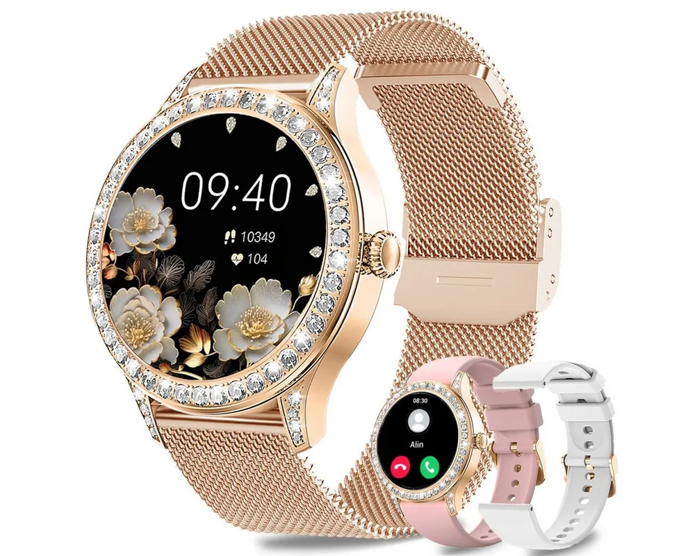 ANYSUN Smartwatch Damen mit Bluetooth-Anru/ mit 58 Diamanten Smartwatch (1,27 Zoll) Fitness Tracker Uhr für Damen Herren mit Schlafmonitor, IP68 Wasserdicht/120+ Sportmodi/Damen-Sportuhr für Android iOS