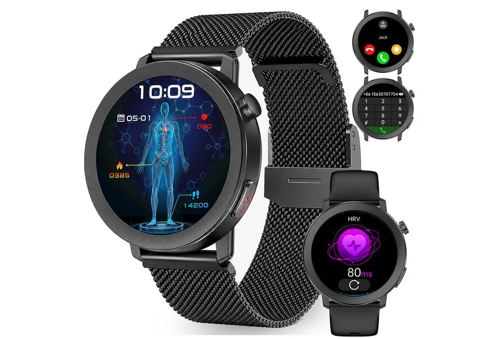 ANYSUN Smartwatch Herren Damen,Fitness Tracker Uhr mit Telefonfunktion Smartwatch (4,1 cm/1,46 Zoll) Gesundheitsuhr mit EKG+HRV/Blutdruckmessung/BMI, mit SOS-Notruf, IP68 100+ Sportmodi,24/7 Herzfrequenz/Schlafmonitor/SpO2, Android/iOS