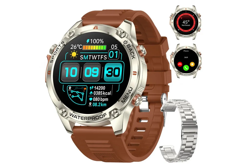 ANYSUN Smartwatch Herren Damen mit GPS, 1,43" AMOLED für den Outdoor-Einsatz Smartwatch (1,43 Zoll) Sportuhr mit 100+ Sportmodi-Puls-Schlaf-Schritte-Kalorien-Kilometer-Monitor, 5 ATM wasserdicht Fitnessuhr für Android iOS