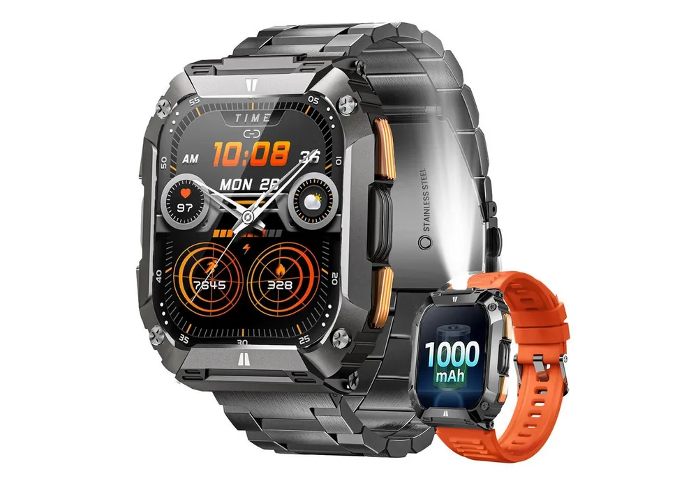 ANYSUN Smartwatch Herren Militär mit 1000mAh Akku/LED Taschenlampen, Smartwatch (4.95 cm/2,01 Zoll) Outdoor Smartwatch mit Telefonfunktion,Wasserdicht Fitnessuhr, 100+ Sportmodi, Pulsmesser/Schlafmonitor/Android und iOS