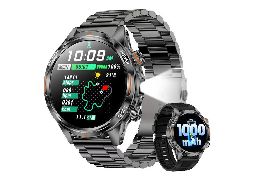 ANYSUN Smartwatch Herren,Sportuhr mit LED Taschenlampe & Kompass, Smartwatch (1,7 Zoll) IP68 Wasserdicht,100+ Sportmodi,mit Bluetooth,Fitness Tracker, Puls-SpO2-Schlaf-Monitor,Schrittzähler,2 Armbändern,für Android iOS