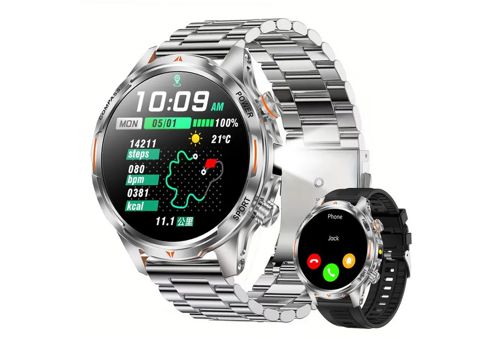 ANYSUN Smartwatch Herren,Sportuhr mit LED Taschenlampe & Kompass, Smartwatch (1,7 Zoll) IP68 Wasserdicht,100+ Sportmodi,mit Bluetooth,Fitness Tracker, Puls-SpO2-Schlaf-Monitor,Schrittzähler,2 Armbändern,für Android iOS