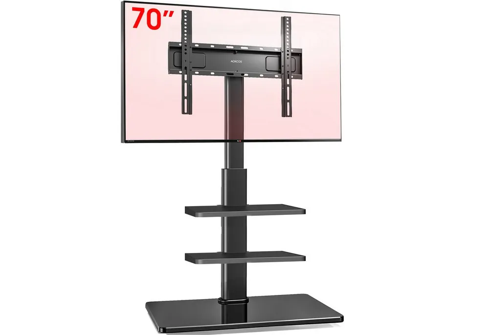 AOKCOS TV-Ständer höhenverstellbar, mit 2 Ablagen, 32-70 Zoll, (bis 70 Zoll, von 1095 mm bis 1350 mm hoch, ±30° schwenkabr, -2° - +10° neigbar)