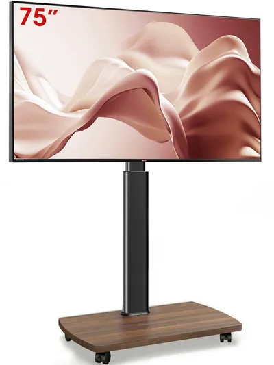 AOKCOS TV-Ständer mit Rollen, höhenverstellbar, ±50° schwenkbar, 43-75 Zoll, (bis 75 Zoll, -2° und +10° neigbar, Holz-Bodenplatte)