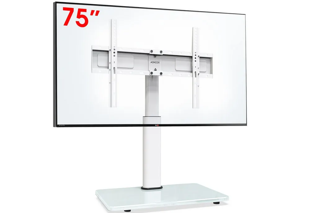 AOKCOS TV-Ständer Tisch-TV-Halterung, 32-75 Zoll, höhenverstellbar, schwenkbar, neigbar, (bis 75 Zoll, rutschfeste Gummifüße, 8 mm gehärtetes Glas, Sicherheitsschlösser)