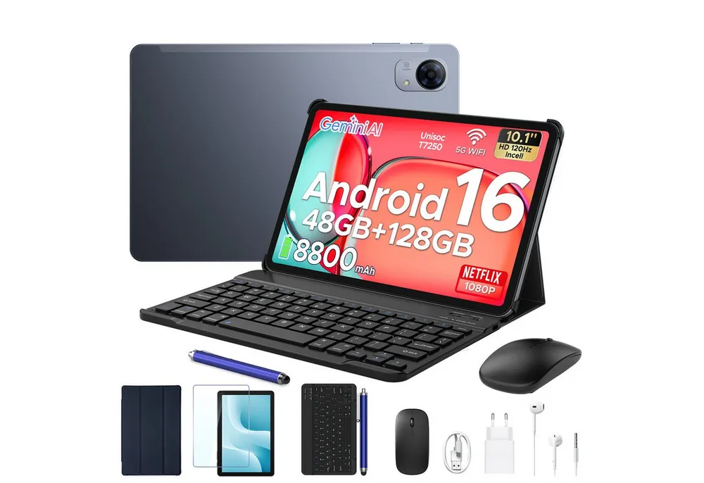 Aorlym P10 Pro Tablet Android 16 10 Zoll, mit Tastatur, 120Hz, 8800mAh, 13MP Tablet (10.1", 8 GB, Android 16, Gemini AI, Octa Core T7250, 128GB ROM, Face ID/GPS/FM, 3,5mm Buchse)