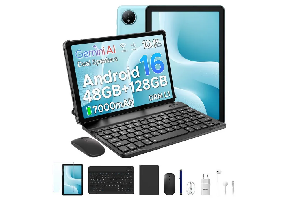 Aorlym P10 Tablet 10,1 Zoll Android 16, 48GB RAM, 7000mAh Akku Tablet (10.1", 128 GB, Android 16, WiFi, Gemini AI, Unisoc T310, 90Hz Display, Tastatur-Set, Dual Speaker)