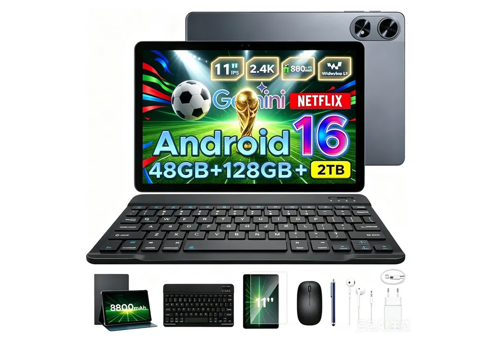 Aorlym P11 Pro Android 16 Tablet mit Tastatur,90Hz,128GB ROM,8800mAh,11 Zoll Tablet (11", 128 GB, Android 16, WiFi, 48GB RAM (8 + 40 GB erweitert), GPS, Face ID, 5G WiFi, Gemini AI)
