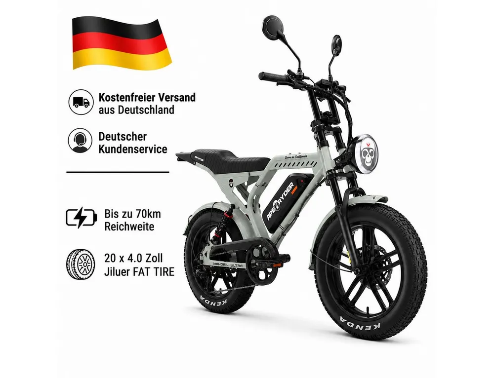 APE RYDER E-Bike Mountainbike 20 Zoll Fatbike 48V 15Ah Akku, bis 80 km, Shimano 7-Gang, hydraulisch, 7 Gang, Heckmotor, 720 Wh, (Packung)