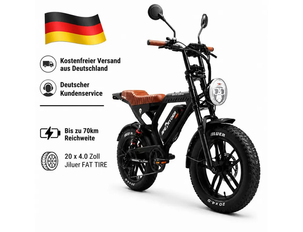 APE RYDER E-Bike Mountainbike 20 Zoll Fatbike 48V 15Ah Akku, bis 80 km, Shimano 7-Gang, hydraulisch, 7 Gang, Heckmotor, 720 Wh, (Packung)