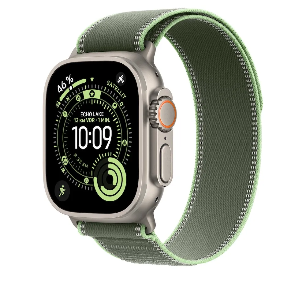 Apple Watch Trail Loop, Grün/Neon, Gehäusefarbe Natur, 49mm, M/L