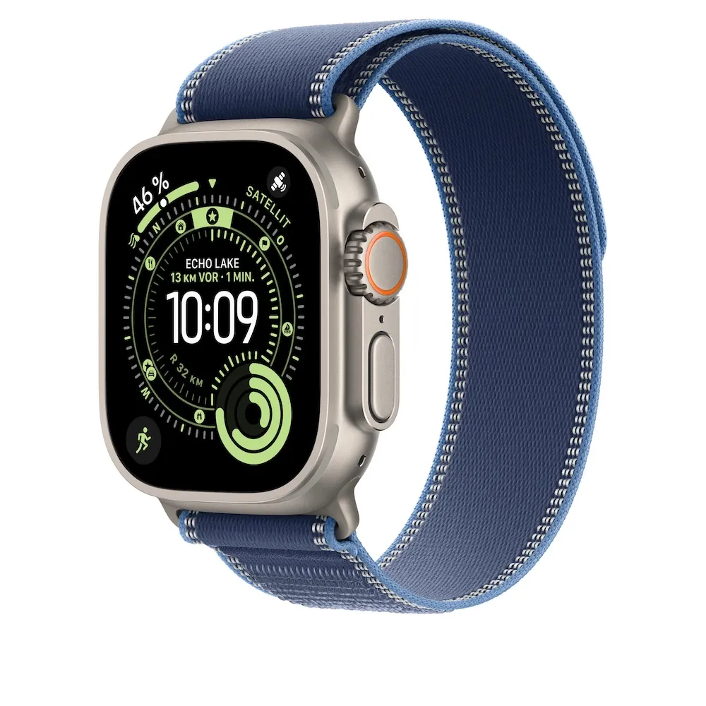 Apple Watch Trail Loop, Blau/Hellblau, Gehäusefarbe Schwarz, 49mm, S/M