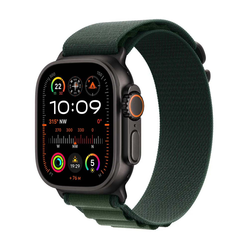Watch Ultra 2 GPS + Cellular, 49 mm Schwarz Titan­gehäuse, mit Alpine Loop Dunkelgrün - Medium
