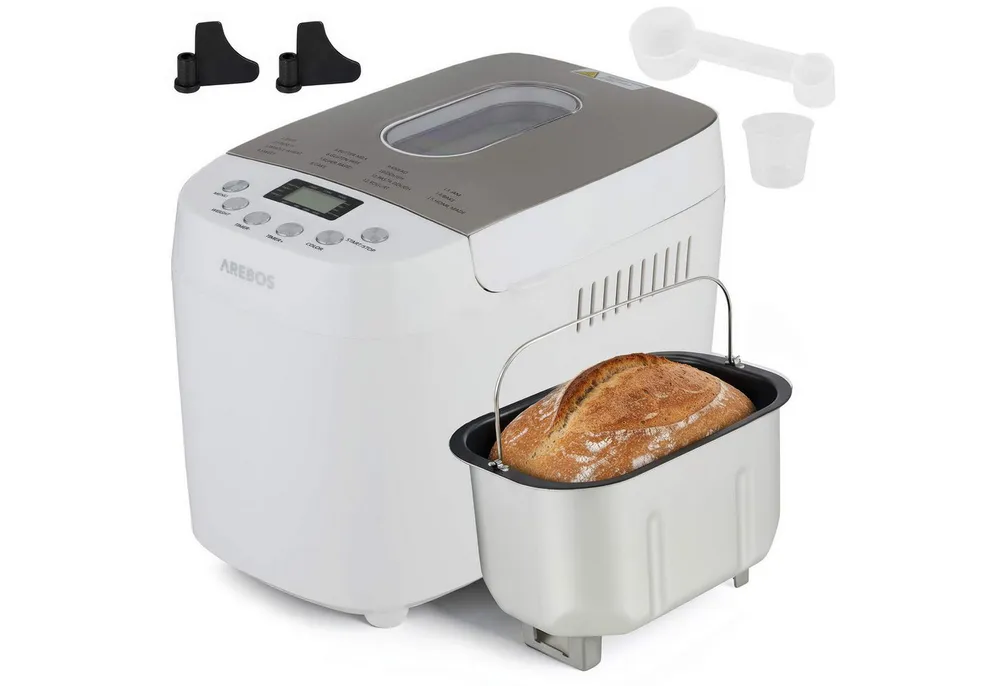 Arebos Brotbackautomat, mit 15 Programmen, 2 Knethaken, Timer, LCD Display, 15 Programme, 850 W, 3 Brotgrößen (1000/1250/1500 g)