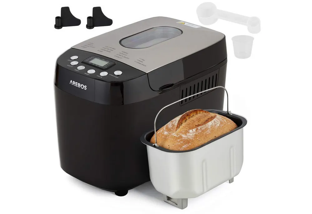 Arebos Brotbackautomat, mit 15 Programmen, 2 Knethaken, Timer, LCD Display, 15 Programme, 850 W, 3 Brotgrößen (1000/1250/1500 g)