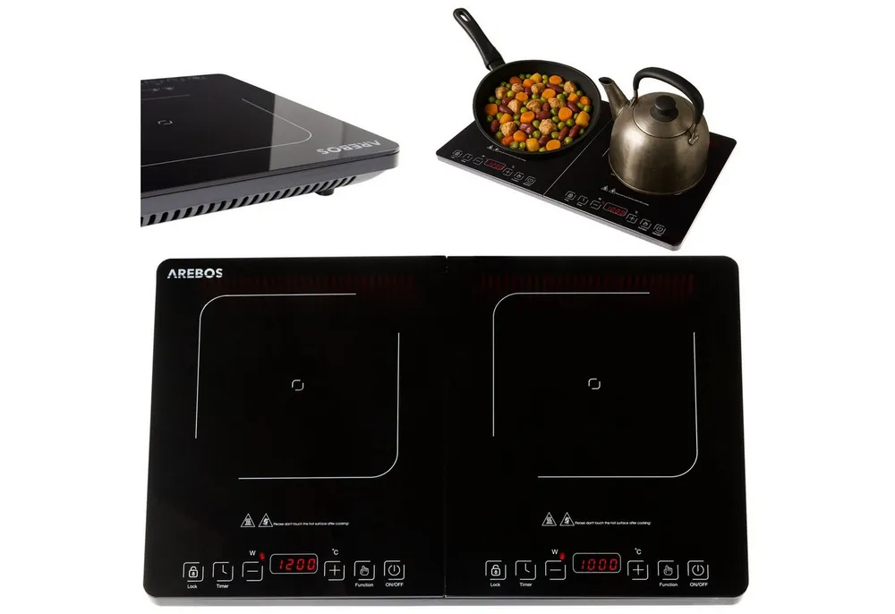 Arebos Doppel-Induktionskochplatte 3500W, 2 Kochzonen mit Touch-Display & Timer Überhitzungsschutz, Alle induktionsgeeigneten Kochutensilien