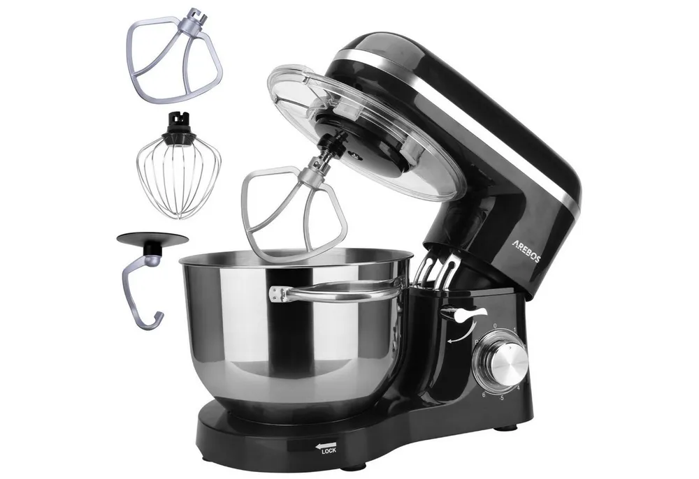 Arebos Küchenmaschine 6L Edelstahl-Rührschüssel, 1500 W, inkl. Rührhaken, Knethaken, Schneebesen, Spritzschutz