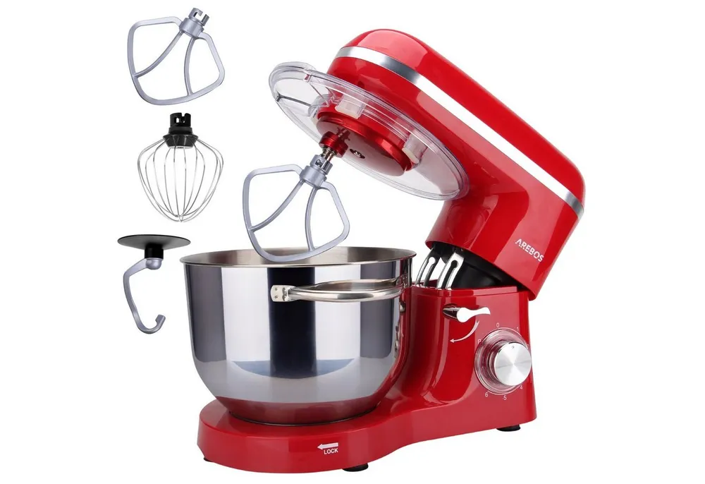 Arebos Küchenmaschine 6L Edelstahl-Rührschüssel, 1500 W, inkl. Rührhaken, Knethaken, Schneebesen, Spritzschutz