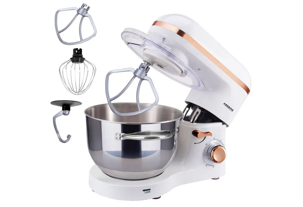 Arebos Küchenmaschine 6L Edelstahl-Rührschüssel, 1500 W, inkl. Rührhaken, Knethaken, Schneebesen, Spritzschutz