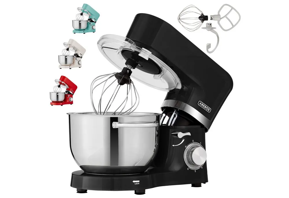 Arebos Küchenmaschine mit 2x Edelstahl-Rührschüsseln 4,5 & 5,5L, 1500 W, 5,50 l Schüssel, Küchenmixer mit Rührhaken, Knethaken, Schlagbesen und Spritzschutz
