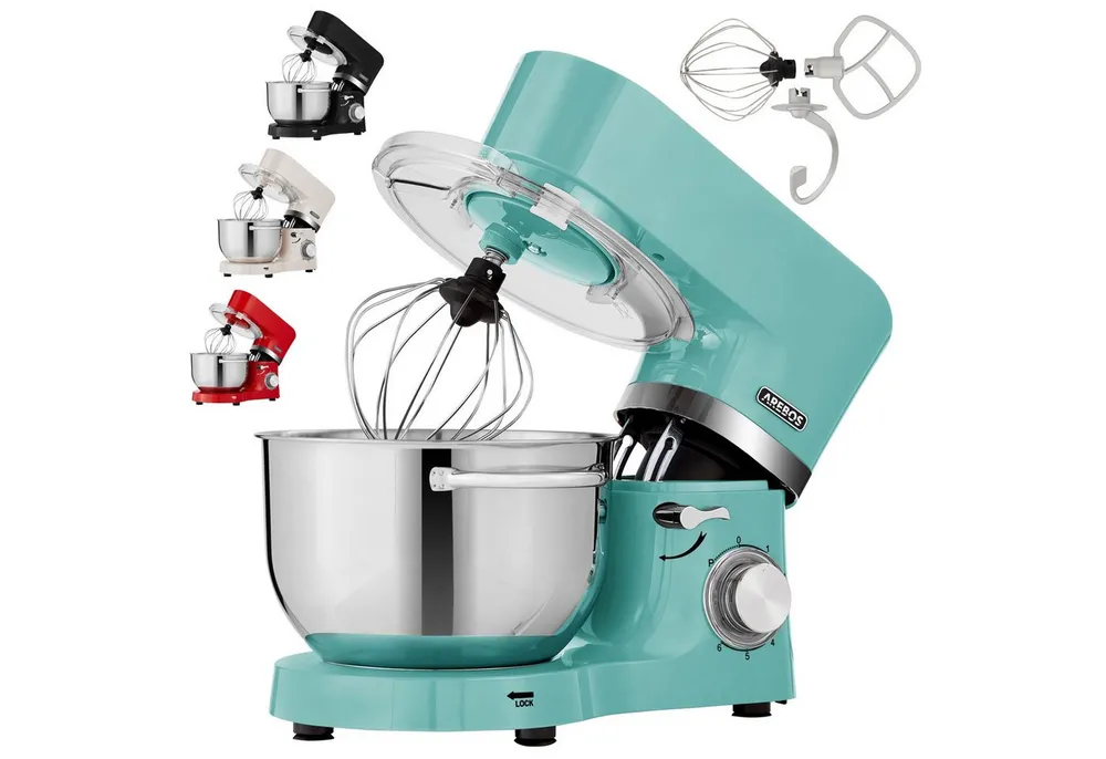 Arebos Küchenmaschine mit 2x Edelstahl-Rührschüsseln 4,5 & 5,5L, 1500 W, 5,50 l Schüssel, Küchenmixer mit Rührhaken, Knethaken, Schlagbesen und Spritzschutz