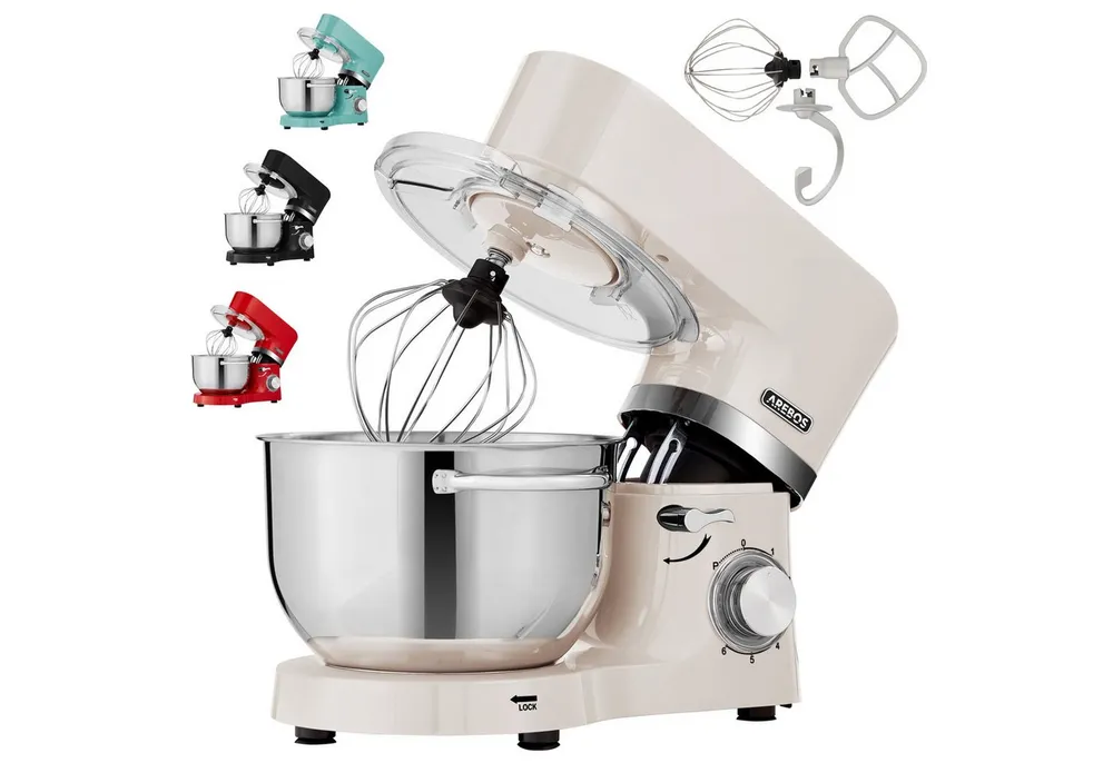 Arebos Küchenmaschine mit 2x Edelstahl-Rührschüsseln 4,5 & 5,5L, 1500 W, 5,50 l Schüssel, Küchenmixer mit Rührhaken, Knethaken, Schlagbesen und Spritzschutz