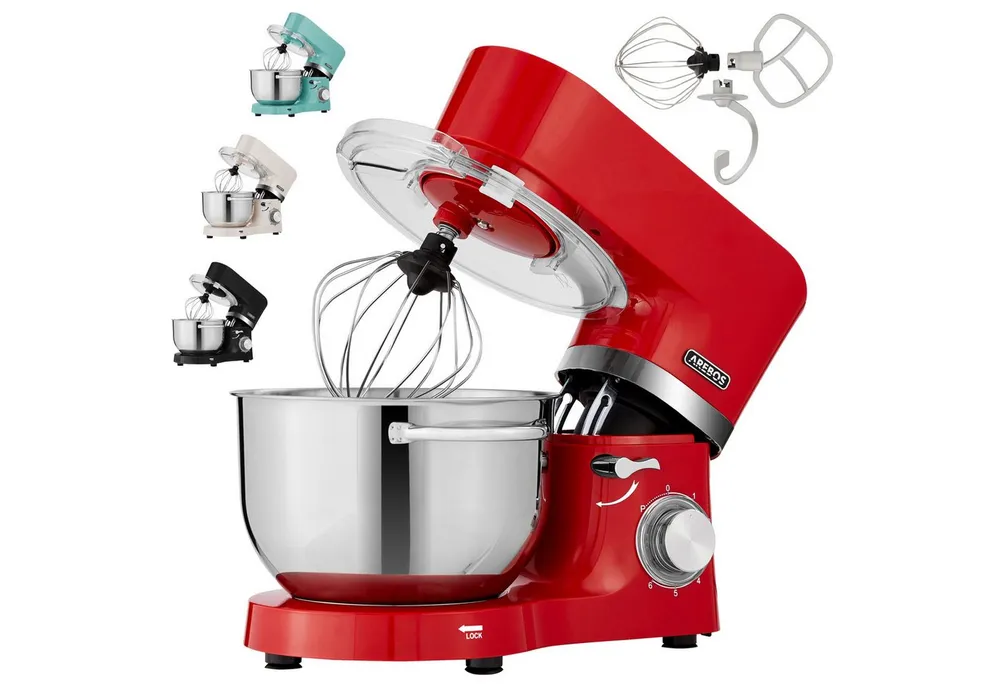 Arebos Küchenmaschine mit 2x Edelstahl-Rührschüsseln 4,5 & 5,5L, 1500 W, 5,50 l Schüssel, Küchenmixer mit Rührhaken, Knethaken, Schlagbesen und Spritzschutz