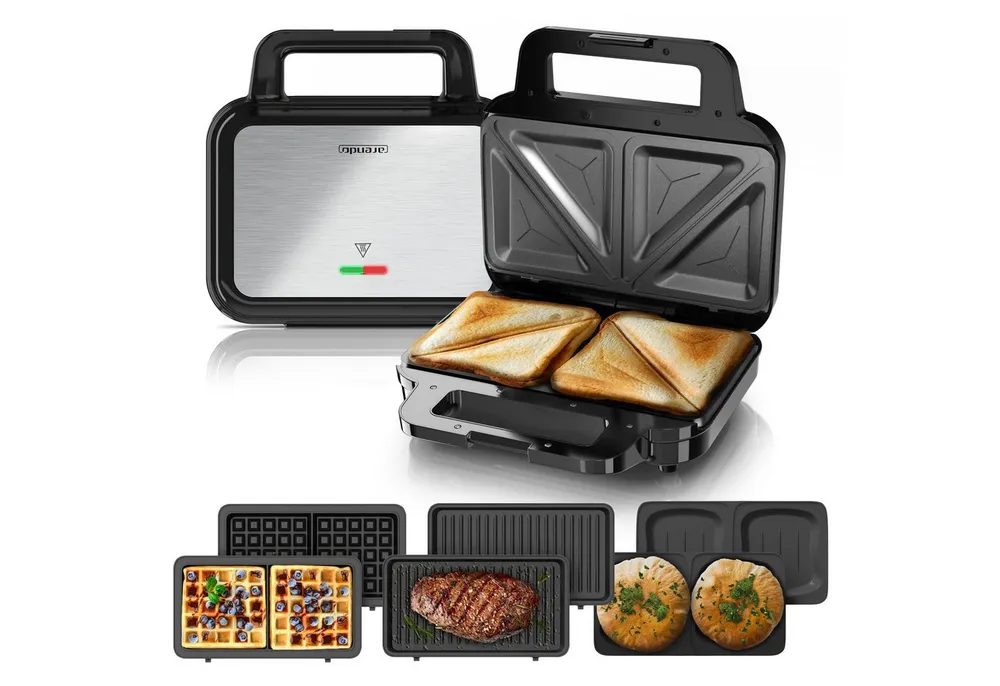 Arendo 3-in-1-Sandwichmaker 4in1 Sandwich Maker, Waffeleisen, Panini Grill, Temperaturkontrolle, 900 W, Kabelaufwicklung, Antihaftbeschichtung, Anti-Rutsch-Füße