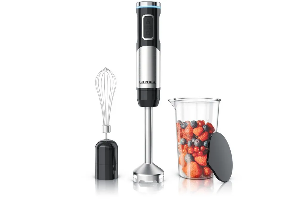 Arendo Akku-Stabmixer Edelstahl Pürierstab, Handmixer, stufenlose Regelung, Li-Ionen-Akku, 200 W, mit Schneebesen, Messbecher, 4-Klingen-Messer, Mixfuß, Tastensperre