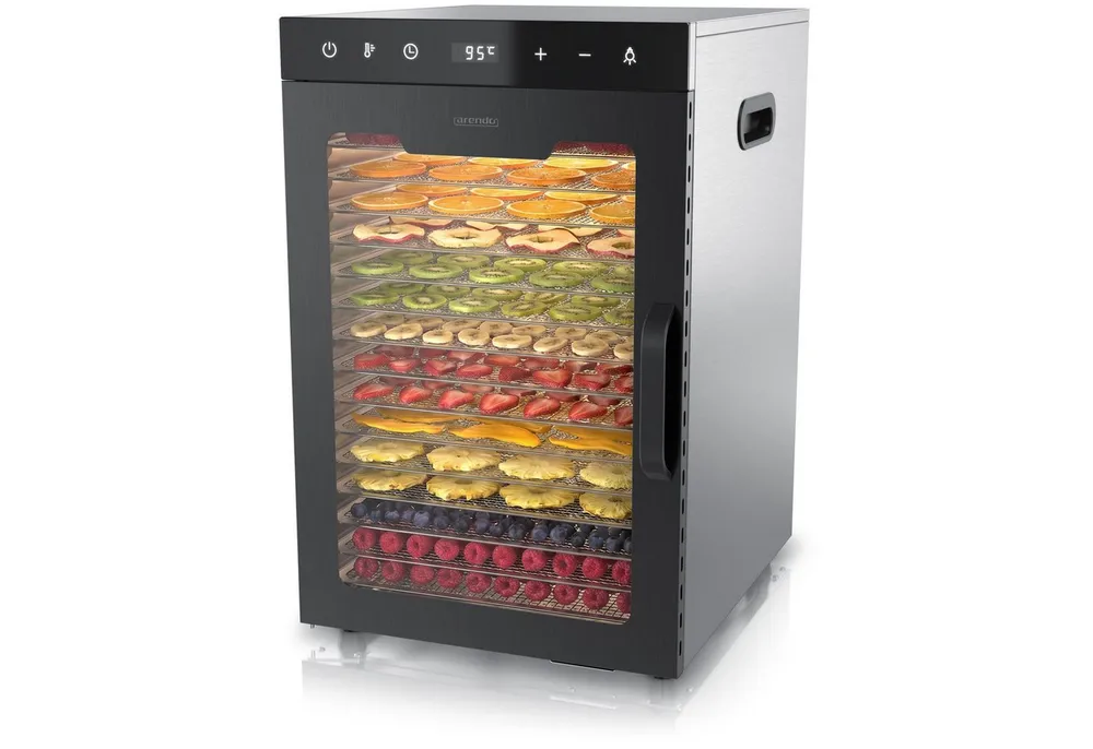 Arendo Dörrautomat Edelstahl, 16 Fächer, Temperaturregler 30°-90°C, Dörrgerät, Dehydrator 1000 W, 16 Etagen, Obst, Fisch, Fleisch Dörrapparat, Obsttrockner, Timer 0,5-24 Stunden
