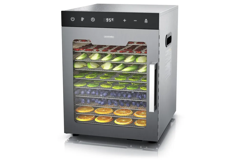 Arendo Dörrautomat Edelstahl, Temperaturregler von 30° bis 90°C, Dörrgerät, Dehydrator, 800 W, 10 Etagen, Obst, Fisch, Fleisch Dörrapparat, Obsttrockner, Timer 0,5-24 Stunden