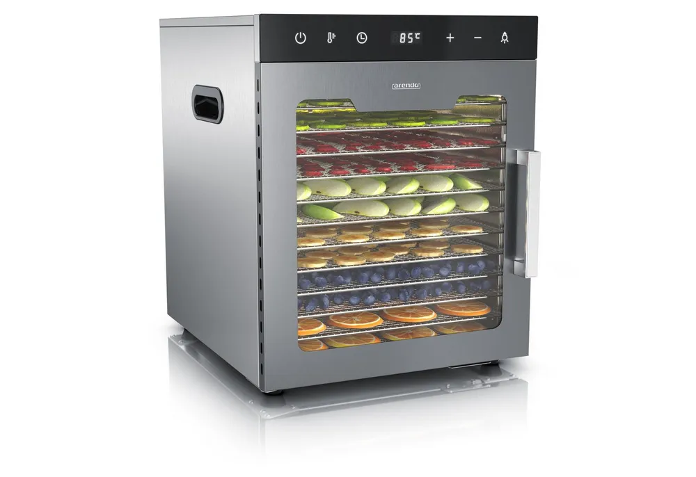 Arendo Dörrautomat Edelstahl, Temperaturregler von 30° bis 90°C, Dörrgerät, Dehydrator 800 W, 12 Etagen, Obst, Fisch, Fleisch Dörrapparat, Obsttrockner, Timer 0,5-24 Stunden