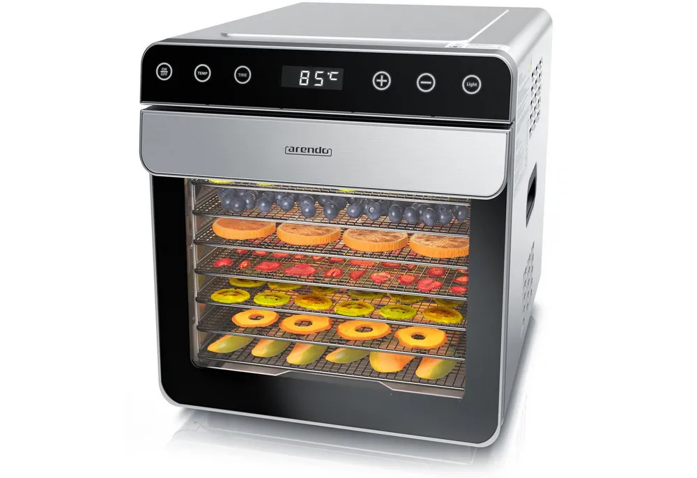 Arendo Dörrautomat Edelstahl, Temperaturregler von 35° bis 85°C, Dörrgerät, Dehydrator, 700 W, 8 Etagen, Obst, Fisch, Fleisch Dörrapparat, Obsttrockner, Timer 0,5-24 Stunden