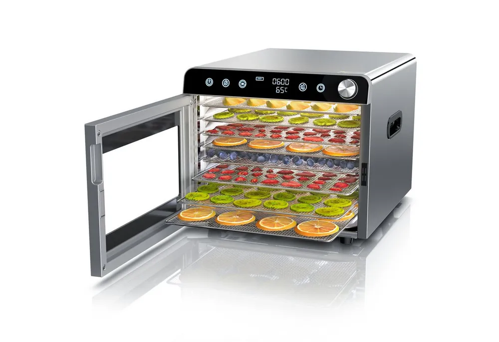 Arendo Dörrautomat Edelstahl, Temperaturregler von 30° bis 85°C, Dörrgerät, Dehydrator, 700 W, 8 Etagen, Obst, Fisch, Fleisch Dörrapparat, Obsttrockner, Timer 0,5-24 Stunden