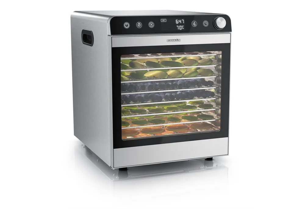 Arendo Dörrautomat Edelstahl, Temperaturregler von 30° bis 85°C, Dörrgerät, Dehydrator 800 W, 10 Etagen, Obst, Fisch, Fleisch Dörrapparat, Obsttrockner, Timer 0,5-24 Stunden
