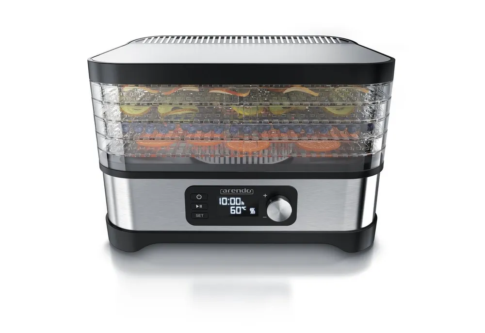 Arendo Dörrautomat mit Temperaturregler, 5 Etagen, 35-70°C, Edelstahl, Dörrgerät 400 W, 5 Etagen, Timer 24h, BPA-frei, für Fleisch/Obst/Gemüse, GS, 5 Einlegefächer