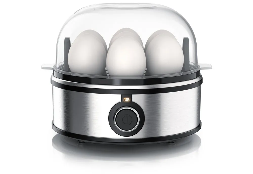 Arendo Eierkocher für 1–7 Eier, Edelstahl, 3 Härtegrade, mit Warmhaltefunktion, 7-Fach, Anzahl Eier: 7 St., 350 W, mit Einsatz für Eier, pochierte Eier & Omelette, Signalton, Egg Cooker