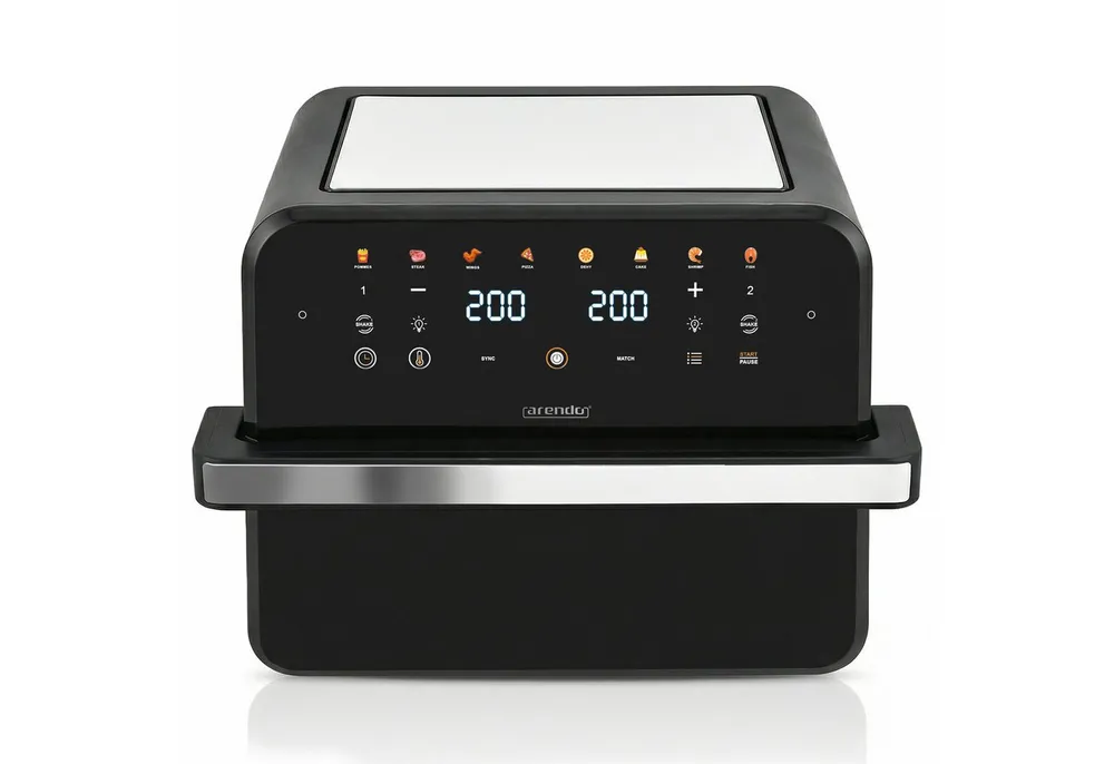 Arendo Heißluftfritteuse mit 2 Kammern Nebeneinander, XXL Doppelkammer Airfryer 12L, Dual Zone, 2600 W, mit Zubehör, Umluft Backofen, 80-200°C, fettarmes gesundes Kochen