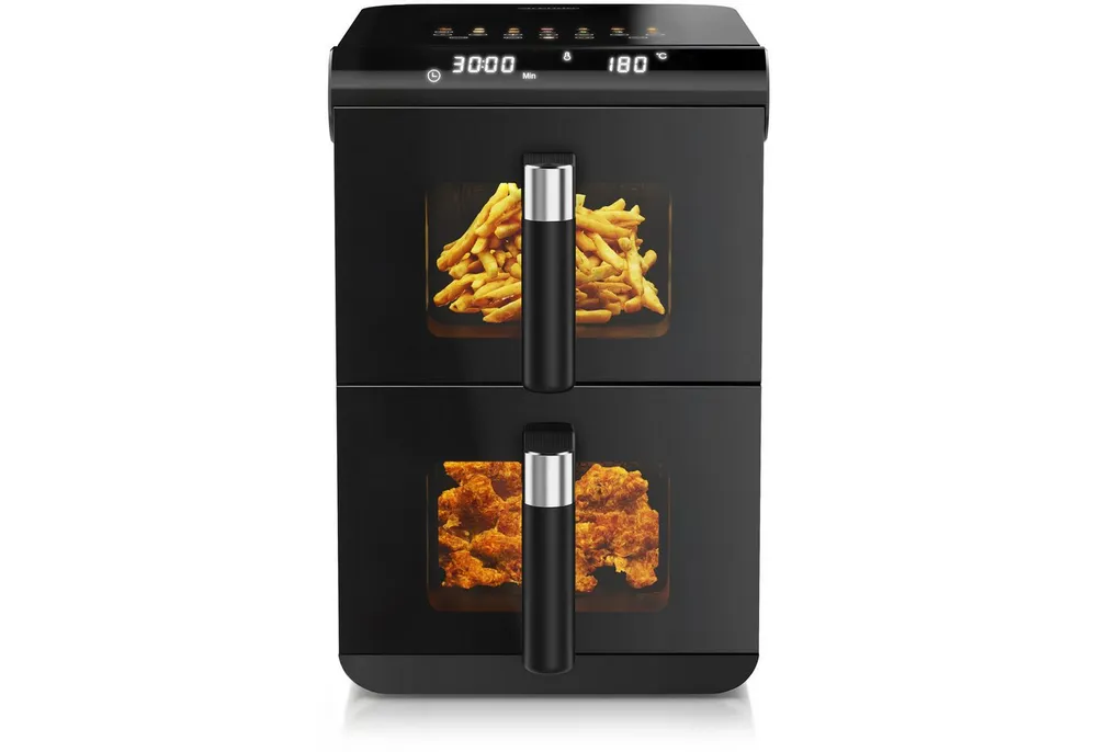 Arendo Heißluftfritteuse mit 2 Kammern Übereinander, XXL Dual Zone Airfryer 11L, Doppelkammer, 2800 W, mit Zubehör, Umluft Backofen, Sichtfenster, fettarmes gesundes Kochen