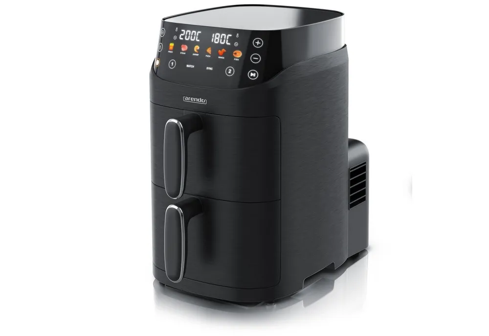 Arendo Heißluftfritteuse mit 2 Kammern Übereinander, Doppelkammer Airfryer 5L, Dual Zone, 2000 W, mit Zubehör, Umluft Backofen, Edelstahl, fettarmes gesundes Kochen