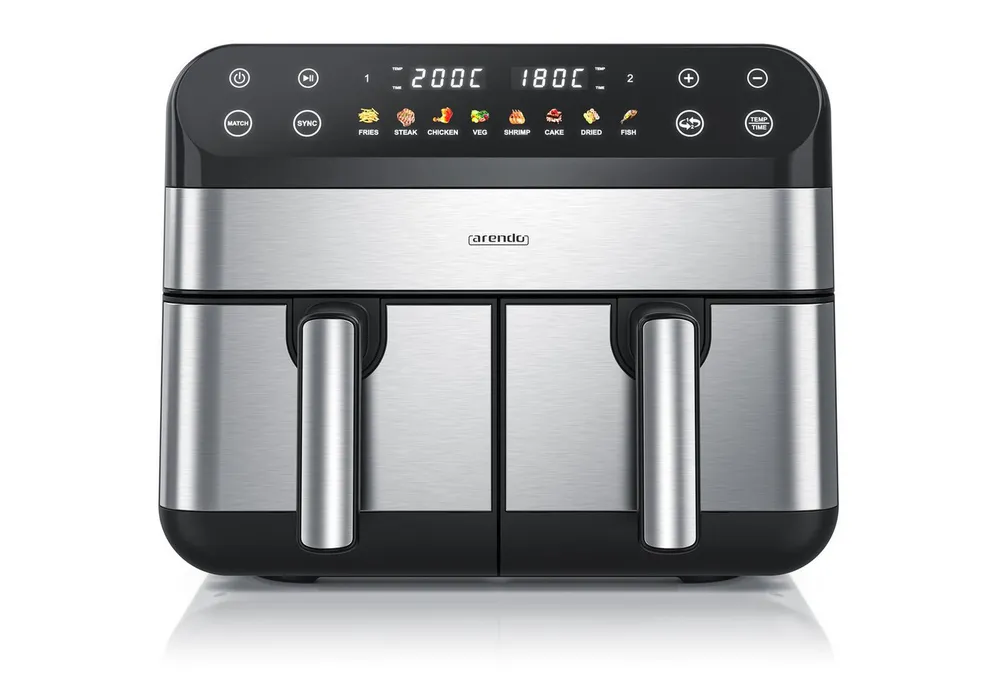Arendo Heißluftfritteuse XXL Doppelkammer Airfryer 9L, Dual Zone, Backofen, Dörrautomat, 2400 W, mit Zubehör, Touchscreen, 3D Umluftsystem, fettarmes gesundes Kochen