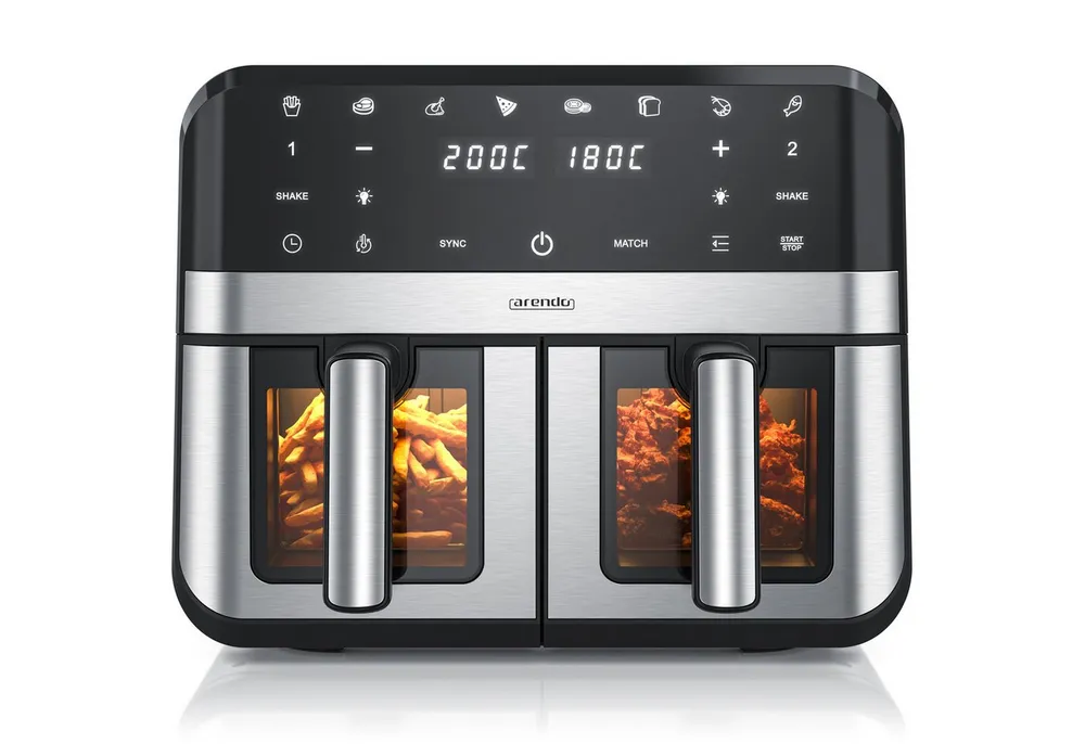 Arendo Heißluftfritteuse XXL Doppelkammer Airfryer 9L, Dual Zone, Sichtfenster mit Beleuchtung, 2400 W, mit Zubehör, Touchscreen, 3D Umluftsystem, fettarmes gesundes Kochen