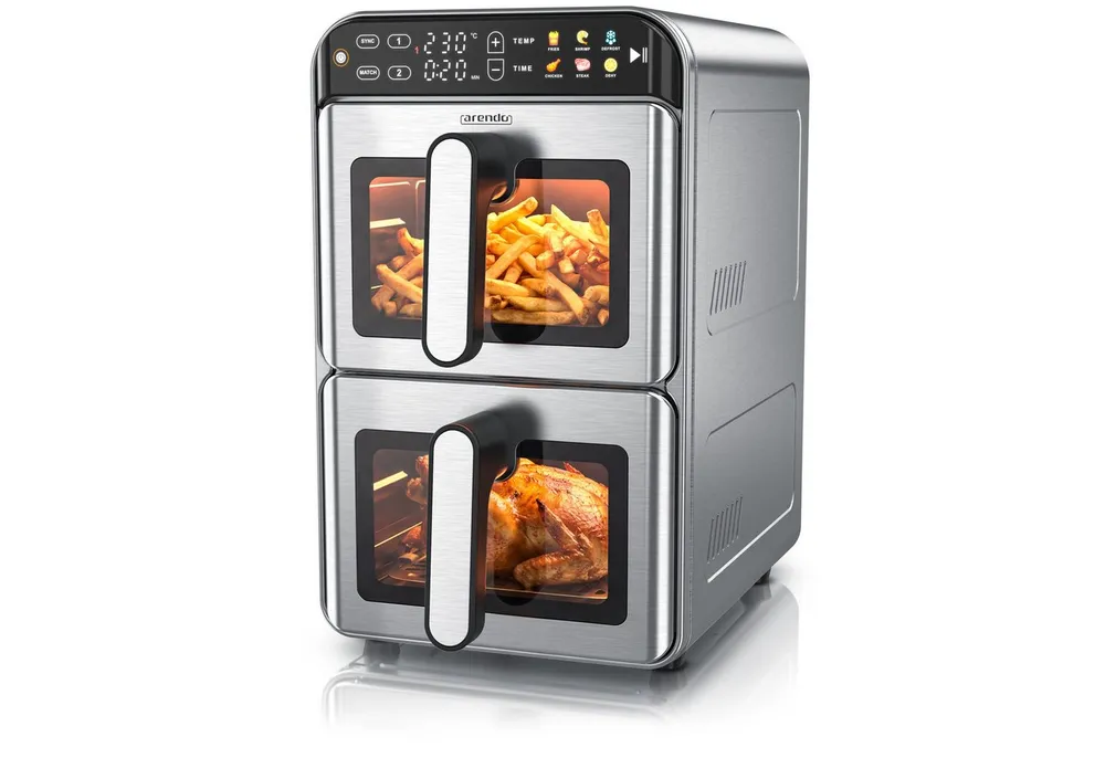 Arendo Heißluftfritteuse XXL Doppelkammer mit 2 Kammern übereinander, Airfryer 11L, Dual Zone, 2200 W, Umluft Backofen mit Zubehör, Edelstahl, fettarmes gesundes Kochen