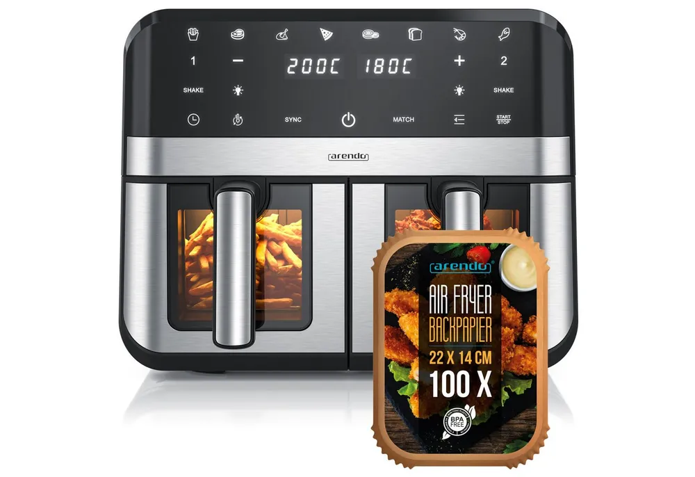 Arendo Heißluftfritteuse XXL Doppelkammer Airfryer 9L mit Backpapier & Zubehör, Dual Zone, 2400 W, Sichtfenster mit Beleuchtung, Umluftsystem, fettarmes gesundes Kochen