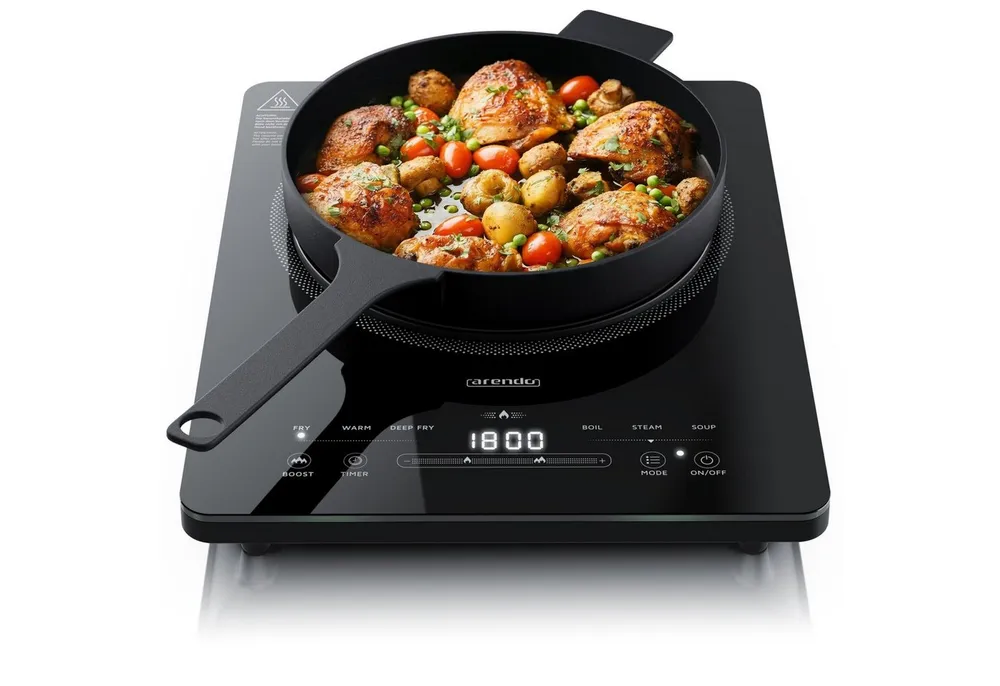 Arendo Induktions-Kochfeld Einzelkochplatte, Mobile 2200W Induktionsplatte, Timer, Sensor-Touch & Kindersicherung