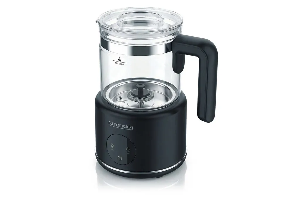 Arendo Milchaufschäumer mit 500 ml Glas Behälter, elektrisch, für heißen & kalten Milchschaum, 600 W, 2 Einsätze, für Cappuccino Latte Macchiato heiße Schokolade uvm.