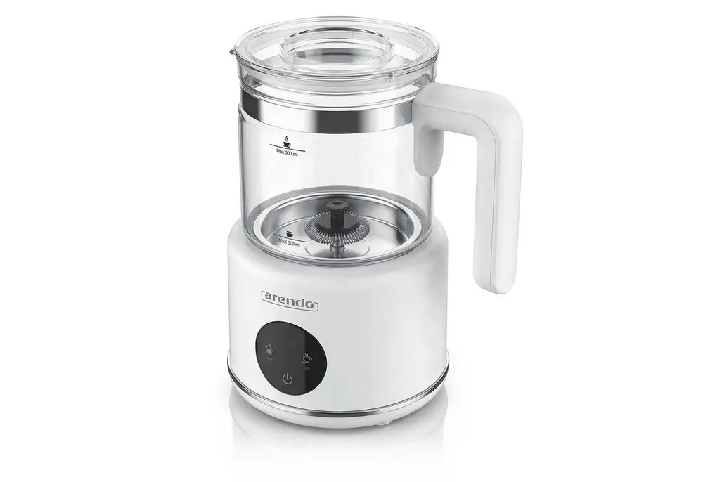 Arendo Milchaufschäumer mit 500 ml Glas Behälter, elektrisch, für heißen & kalten Milchschaum, 600 W, 2 Einsätze, für Cappuccino Latte Macchiato heiße Schokolade uvm.