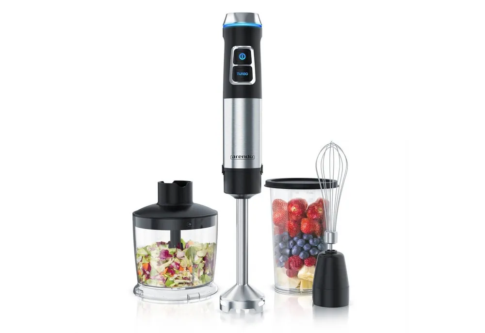 Arendo Stabmixer Edelstahl Pürierstab Set mit Zerkleinerer & Messbecher, Handmixer, 1200 W, 2 Geschwindigkeitsstufen, 4-Klingen, einfache Reinigung, DC Motor