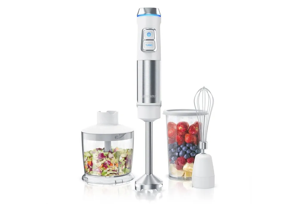 Arendo Stabmixer Edelstahl Pürierstab Set mit Zerkleinerer & Messbecher, Handmixer, 1200 W, 2 Geschwindigkeitsstufen, 4-Klingen, einfache Reinigung, DC Motor