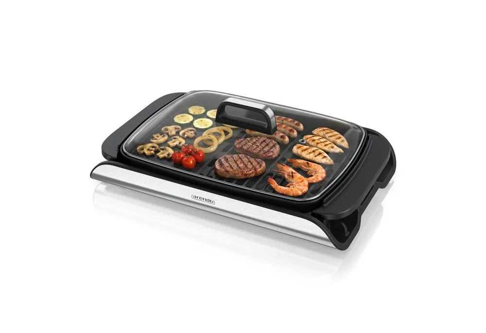 Arendo Tischgrill Elektrogrill, Glasdeckel, Edelstahl, extrastark, Antihaftbeschichtet, 2000 W, stufenlose Temperaturregelung, für Balkon, Garten & Indoor